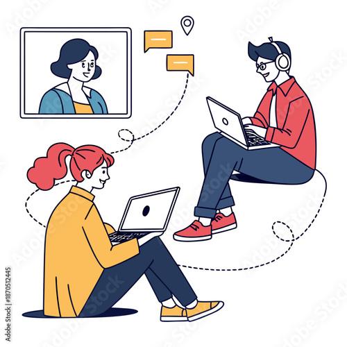 People collaborating remotely with laptops and video call