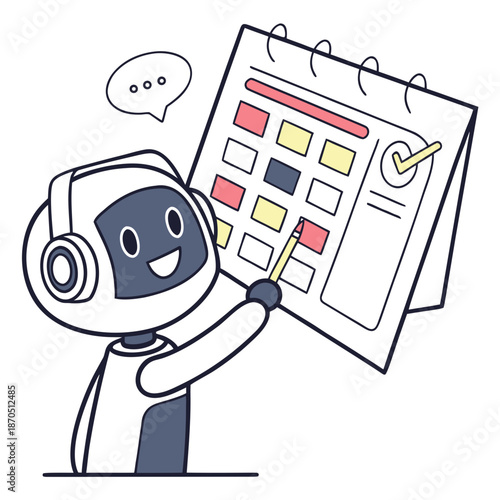 Friendly robot presenting colorful calendar with checklist and speech bubble