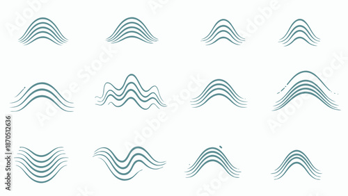 Set of abstract vector icons featuring a seamless blue water wave pattern for a nature-inspired summer wallpaper design and ocean backdrop illustration