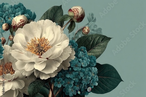 Elegant floral design with large white peonies, blue hydrangea, and lush leaves against a soft gray teal background