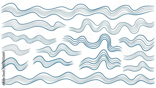 Seamless blue sea wave pattern featuring a wavy water texture design with elegant vector lines and ocean curve ornaments for a decorative nature backdrop wallpaper
