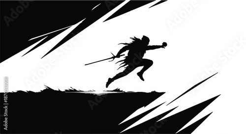 Dynamic silhouette of a fencer in mid-leap, capturing movement and intense focus.