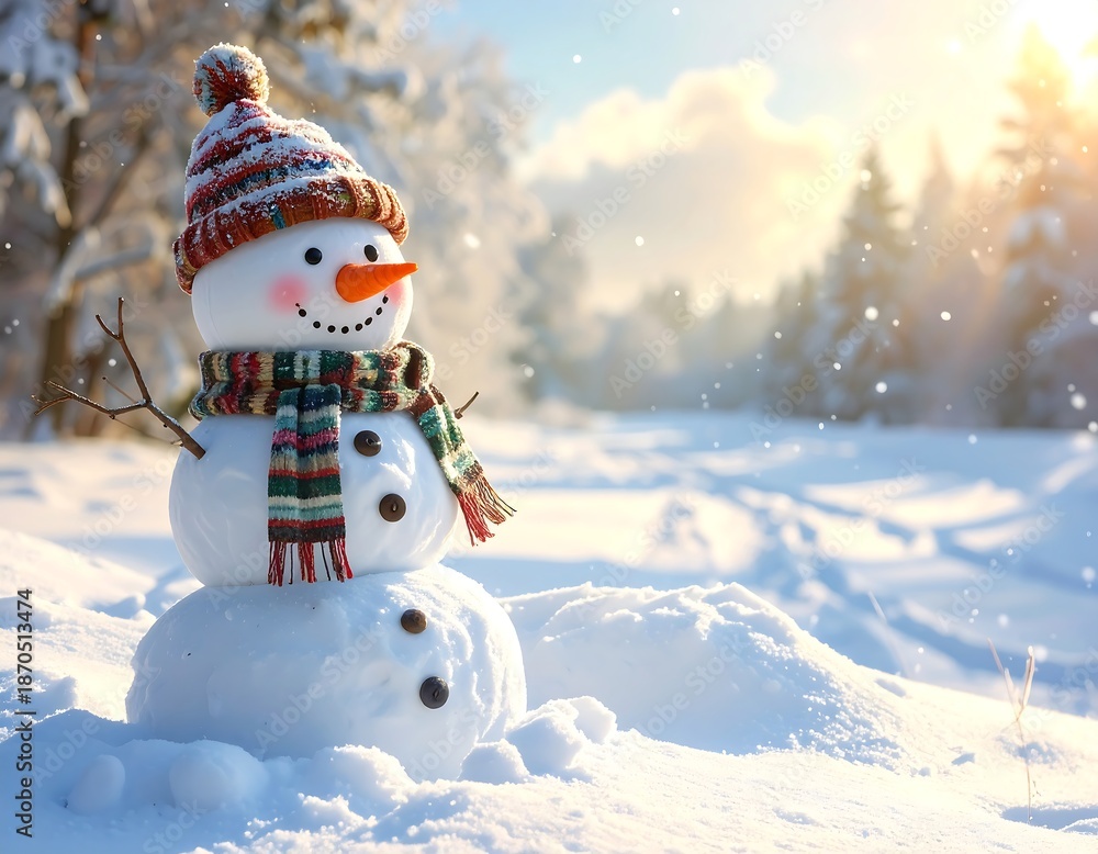 Obraz premium Cheerful snowman standing in a snowy landscape with sunlit forest background