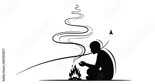 Silhouette of a person contemplating by a warm campfire under a night sky
