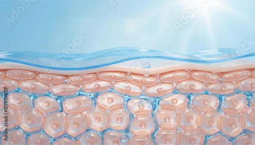 3D illustration of hydrated human skin cells structure with flowing water layer and droplets under bright sunlight.