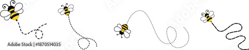 Bee With Dash Line Icon set. Captivating Dotted Lines Trace Spirals, Loops, and a Heart Shape Through the Sky. Flying bee route and line path on dotted route. Template design for invitation, cards.