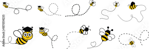Bee With Dash Line Icon set. Captivating Dotted Lines Trace Spirals, Loops, and a Heart Shape Through the Sky. Flying bee route and line path on dotted route. Template design for invitation, cards.