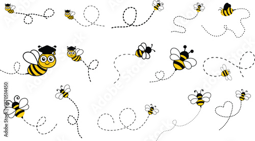 Bee With Dash Line Icon set. Captivating Dotted Lines Trace Spirals, Loops, and a Heart Shape Through the Sky. Flying bee route and line path on dotted route. Template design for invitation, cards.