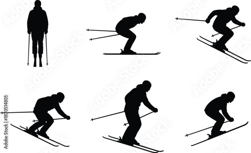 Alpine skiing silhouettes collection, downhill skier action poses with poles and jumps, black winter sport vector illustration set for training, competition, design