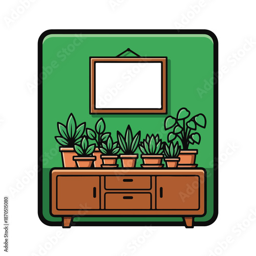 A green room with plants on a wooden cabinet and a blank picture frame