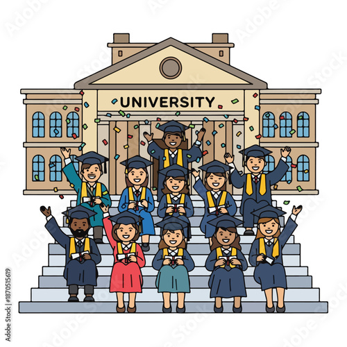 A group of graduates celebrating on university steps