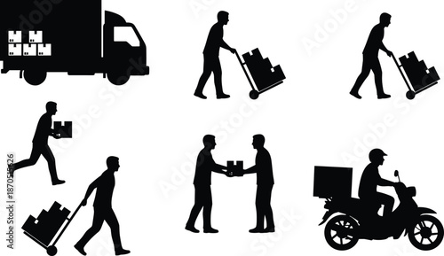 Delivery service silhouettes showing courier truck, warehouse workers, package handling and last mile motorcycle delivery, black vector illustration set isolated on white background