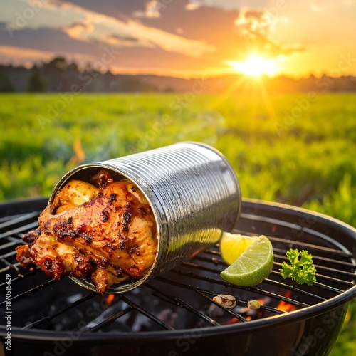 BBQ with chicken in a can, lime, parsley, and mushroom at golden hour in a grassy field