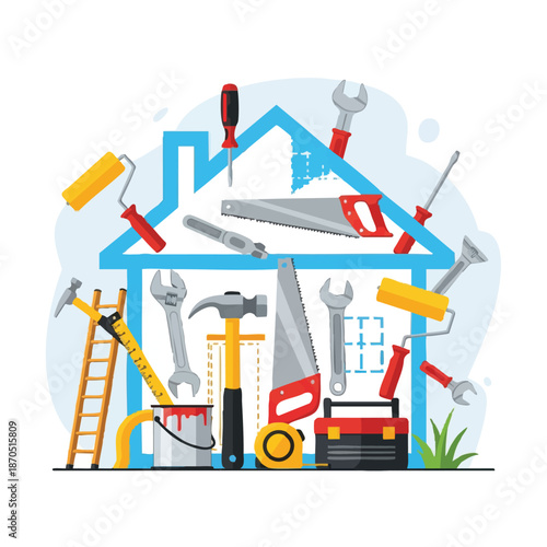 Home renovation tools and equipment in house shape.