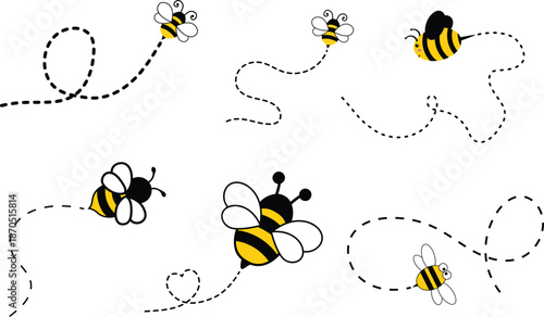 Bee With Dash Line Icon set. Captivating Dotted Lines Trace Spirals, Loops, and a Heart Shape Through the Sky. Flying bee route and line path on dotted route. Template design for invitation, cards.