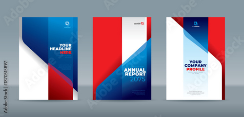 Bold cover template featuring dynamic geometric layers in red, blue, and white with a modern curved design. A4 size book cover template for annual report, magazine, booklet, proposal, portfolio