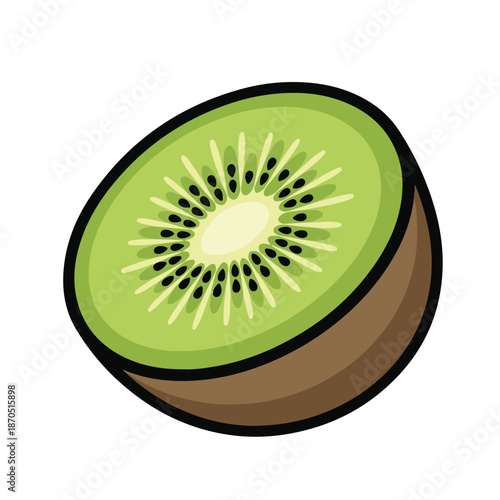 A halved kiwi with green flesh and brown skin