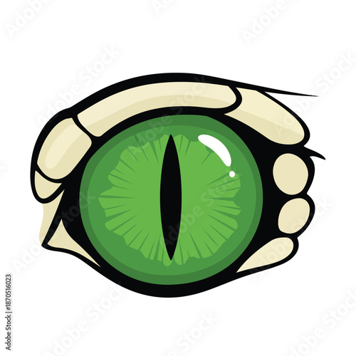 A large green eye with a vertical pupil
