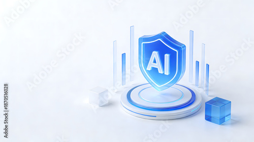 3D isometric AI icon with glowing blue shield on high tech pedestal
