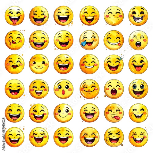 Array of cheerful yellow cartoon emoji faces with diverse expressions, colorful watercolor splashes on a white background