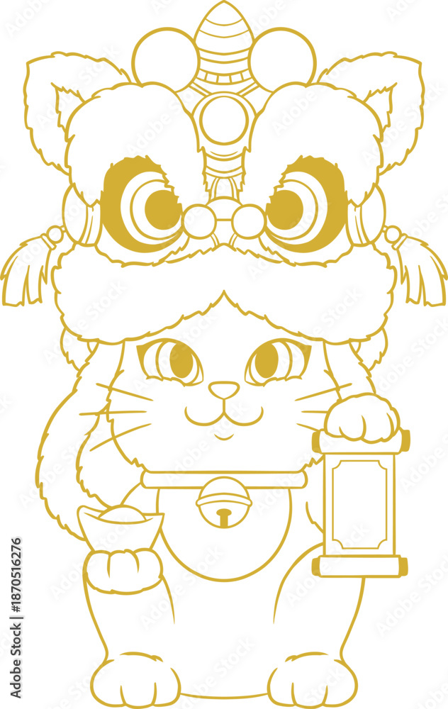 Obraz premium Lucky Cat Wearing Lion Dance Head Holding Scroll Line Art Illustration