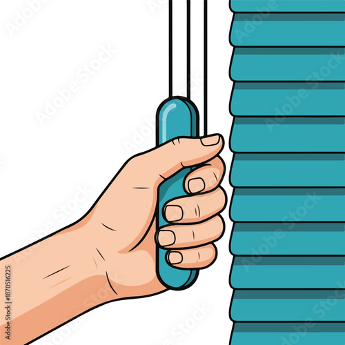A hand holds a cyan venetian blind control