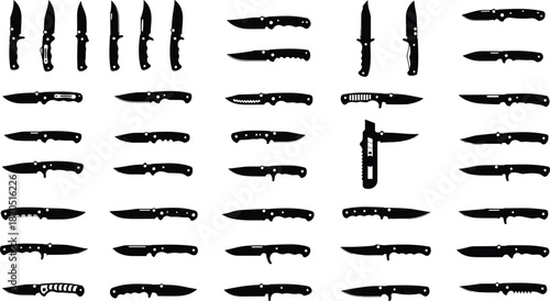 Folding knife silhouettes collection, tactical and utility blades in multiple designs, black weapon vector illustration set for outdoor, survival, branding projects