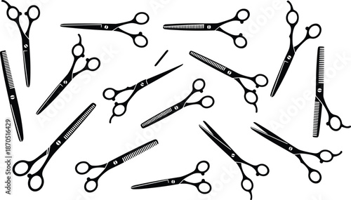 Hairdressing scissors silhouettes collection, barber and salon cutting shears in multiple styles, black professional grooming vector illustration set for beauty branding