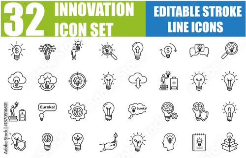 Innovation Icon Set - Creativity, Idea Symbol, Brainstorm, Lightbulb, Breakthrough, Technology, Invention, Progress, Research and Development, Problem Solving and More - Editable Stroke Vector Illustr