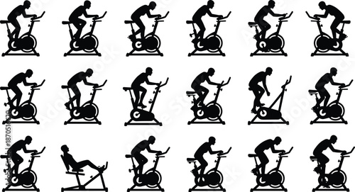Indoor cycling exercise silhouettes set, people training on stationary bikes, fitness workout positions collection, gym cardio concept, black vector illustration isolated on white background