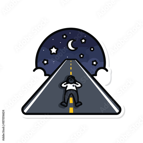 A man lies on a road under a starry night