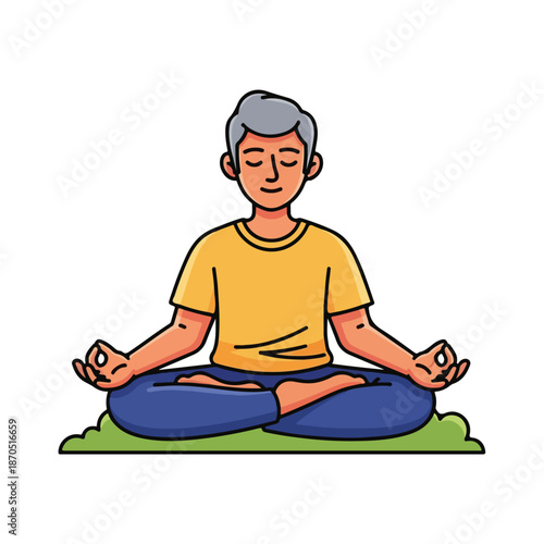 A man meditates cross-legged on a green mat