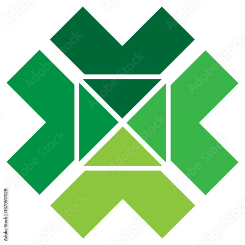 Modern Green Eco-Friendly Geometric Cross Logo Vector Design. A vibrant and modern abstract vector logo featuring a symmetrical geometric shape composed of four interlocking green elements
