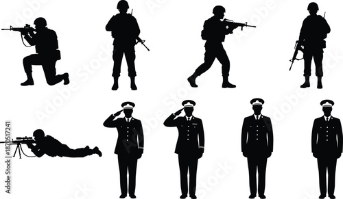 Military and officer silhouettes set showing armed soldiers in combat poses and uniformed officers standing and saluting, black vector illustration isolated on white background