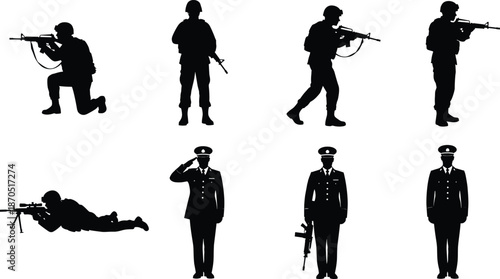 Military soldier silhouettes collection, armed infantry and officers in combat and standing poses, black army vector illustration set for security, defense, tactical design