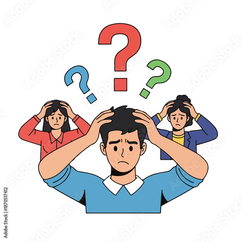 A man and two women with question marks