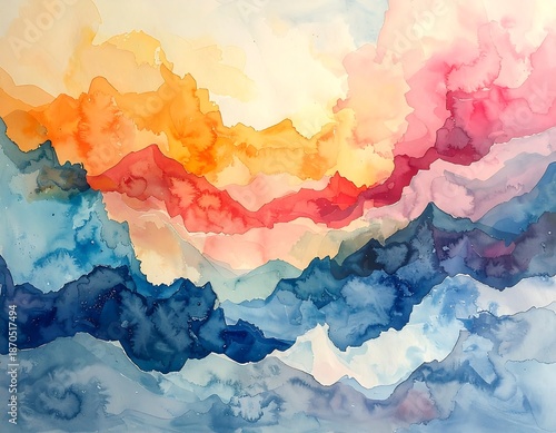 Watercolor Mountain Range with Vibrant Sunset Hues.