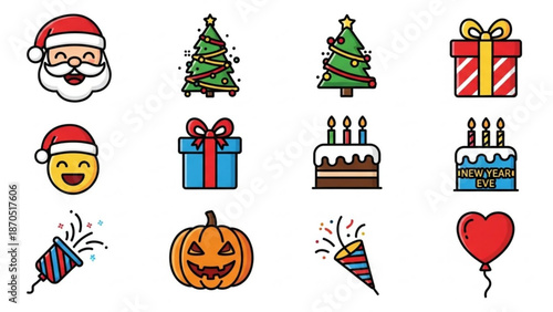 Collection of festive holiday icons including christmas trees santa gifts cake jack o lantern party poppers and heart balloons on white background for seasonal