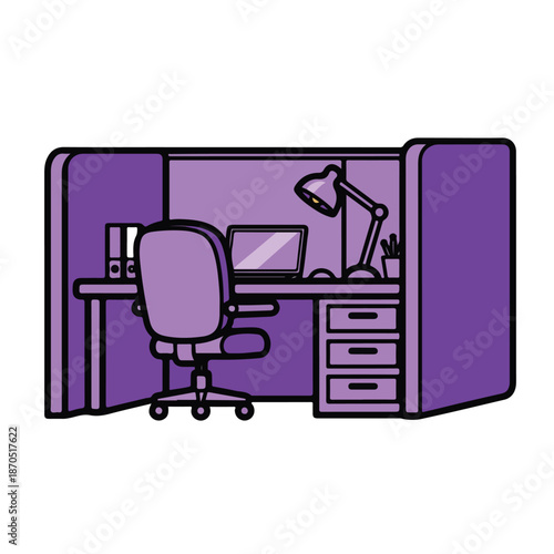 A purple office cubicle with desk and chair