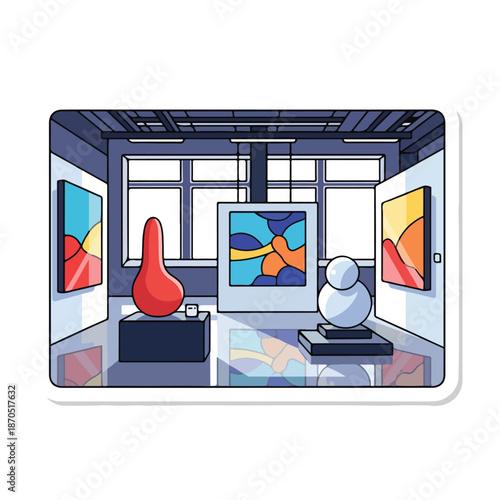 A modern art gallery interior with sculptures and paintings