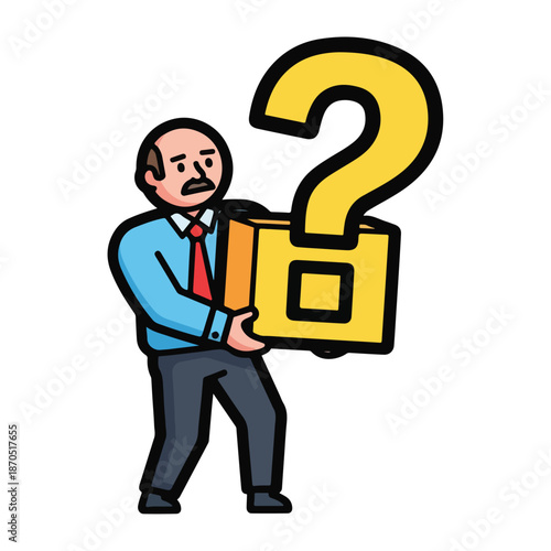 A man in a blue shirt holds a large question mark