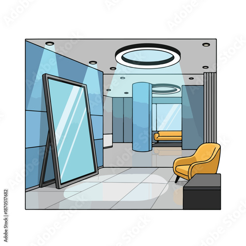 A modern fitting room with a large mirror