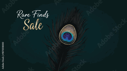 Elegant Peacock Feather Banner for a Rare Finds Sale Event, Featuring Luxurious Design and Exotic Bird Plumage