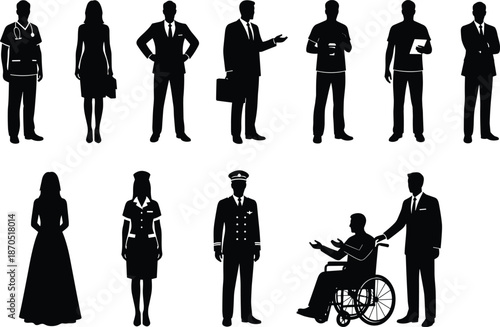 Professional people silhouettes set, business healthcare service roles including doctor nurse pilot executive assistant, black corporate vector illustration collection, branding design use
