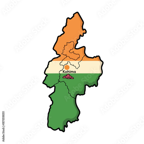 A map of Nagaland with flag colors and Kohima marked