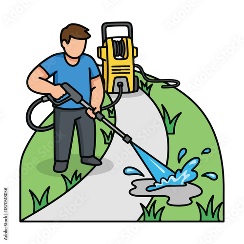 A man in blue shirt using a pressure washer on a sidewalk