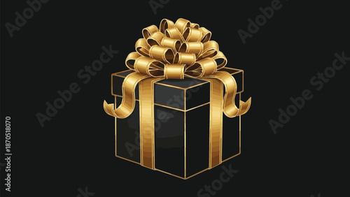 A striking black gift box elegantly wrapped with a luxurious golden ribbon and bow, perfectly symbolizing joy, surprise, and premium gifting for celebrations, holidays, and promotions