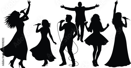 Singers and dancers silhouettes performing live music, vocal concert performance set, microphone poses collection, stage entertainment concept, black vector illustration isolated on white background