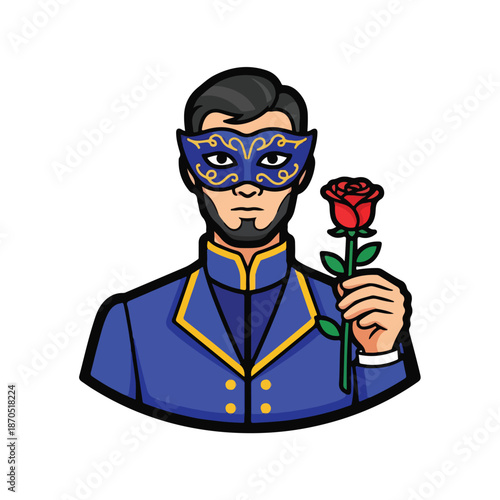 A masked man holding a red rose