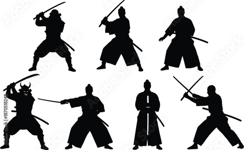 Samurai warrior silhouettes set, Japanese sword fighters in combat and defense stances, black martial arts vector illustration collection for history, poster, branding design